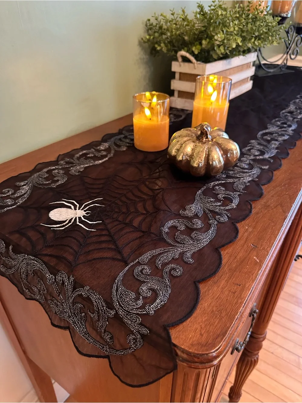 Black Lace Spider Web Table Runner with Silver Embroidery, Halloween, NWT